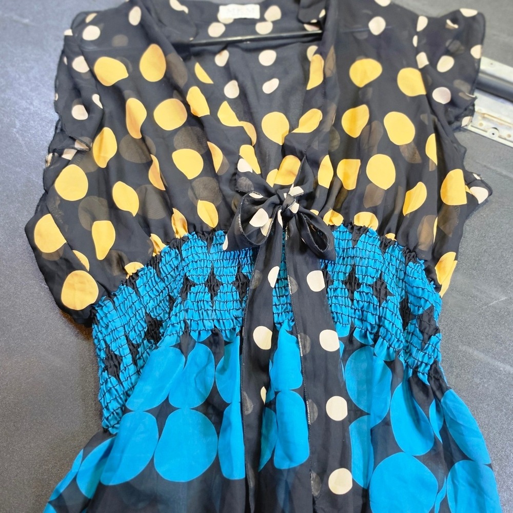 Polka Dot Chiffon Smocked Waist Blouse Blue Yellow Black Short Sleeve Top